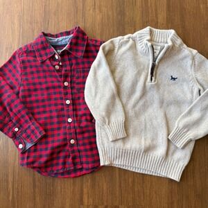 OshKosh Carters Winter Set Boys 2T Beige Sweater Red Buffalo Plaid Shirt Holiday